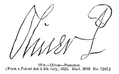 Handtekening van Oliver Cromwell (1599-1658) Lord Protector, uit een patentmanuscript (Harl.MSS No.7502) gedateerd 5 juli 1655 door English School